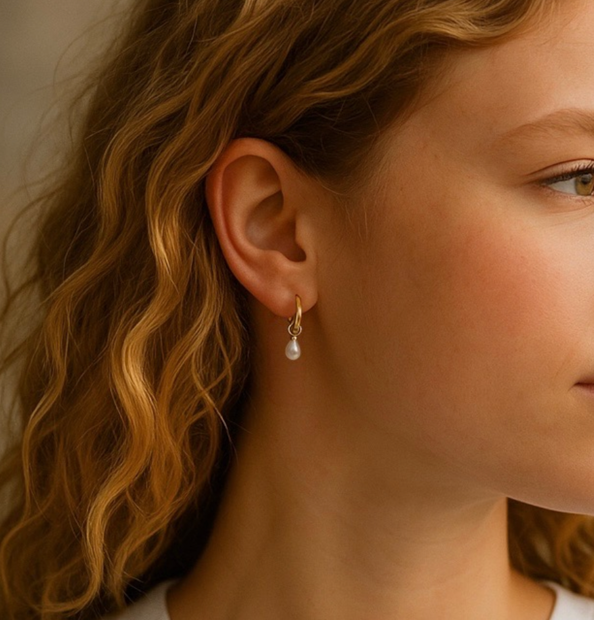 Close-up of a woman wearing a gold earring with a pearl drop.