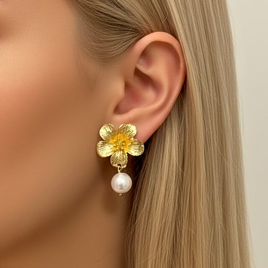 FLOWER PEARL EARRINGS Gold